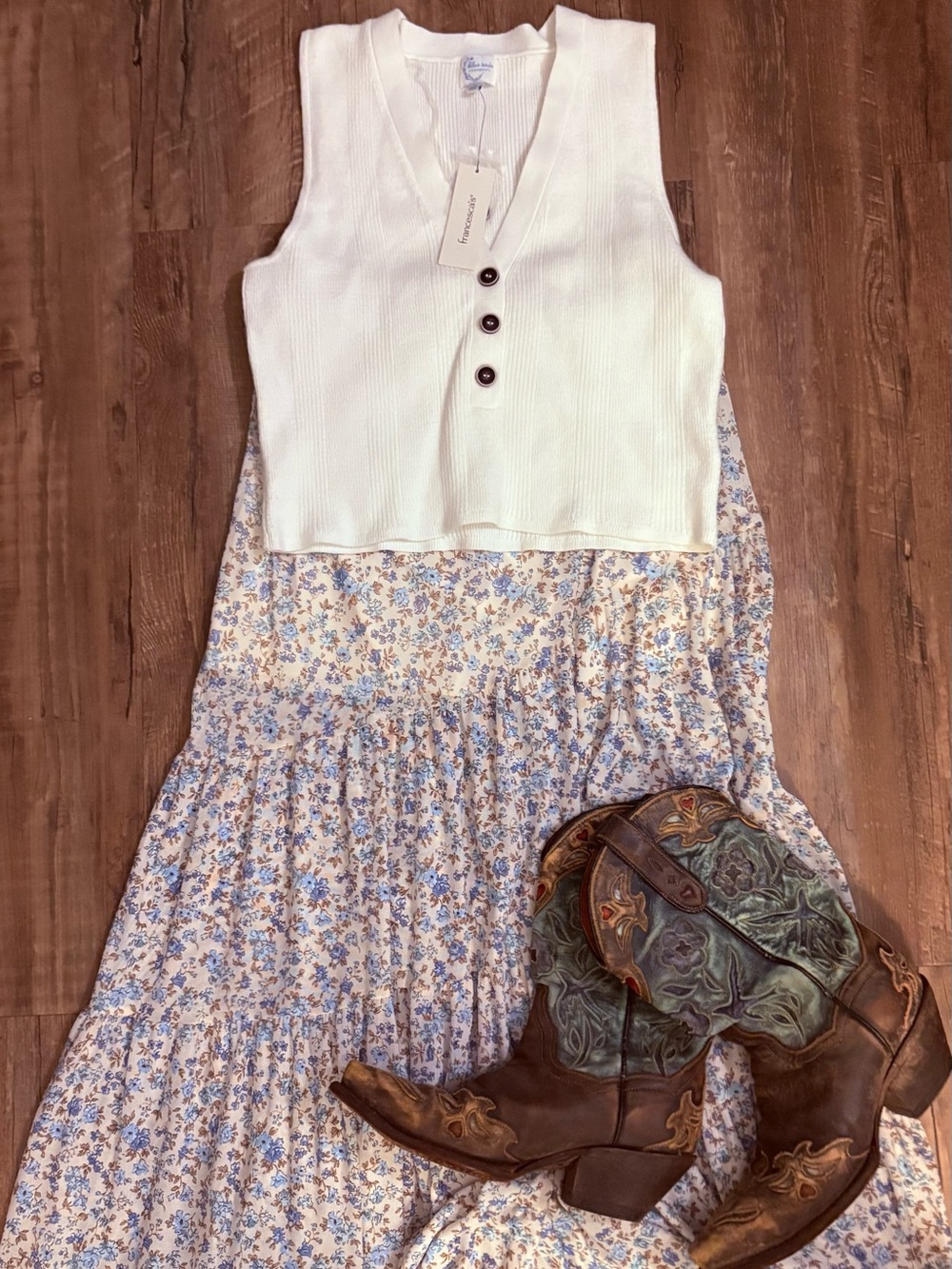 Altar'd State Cream Maxi Skirt with Blue Floral Print